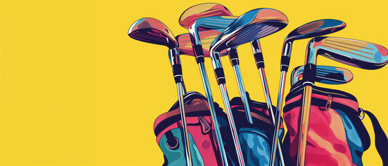 Golf Bags And Clubs Placed Against A Bright Yellow Background, Featuring Colorful Design