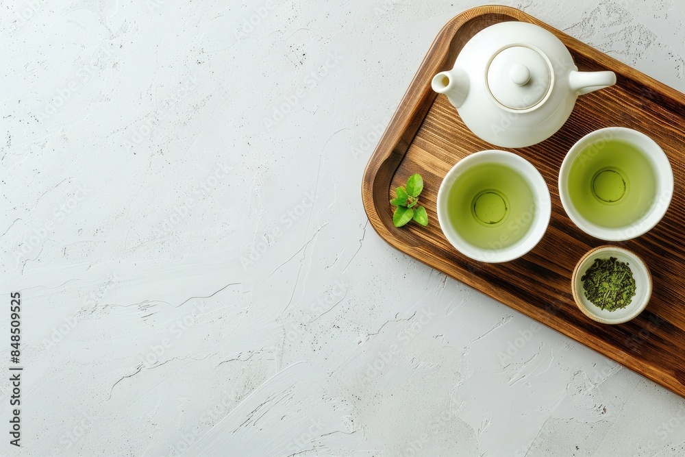 Wall mural Top view of two cups with green tea and white teapot on a wooden tray, in a flat lay composition on a light grey concrete background with copy space for text or design. - Wall murals
