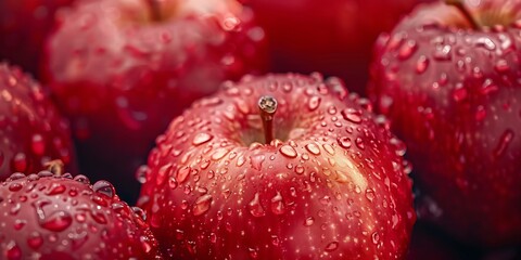 Macro shot of fresh red apples with water drops. Apple banner. Apple background. Close-up food photography.