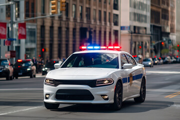 A police car with its lights on is driving down a street