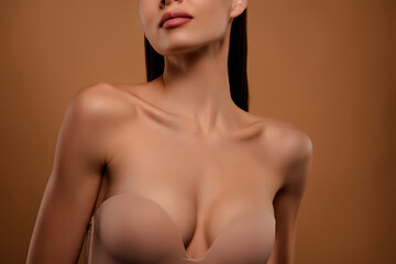 Cropped photo of attractive girl wear brand new brassiere lingerie isolated pastel color background