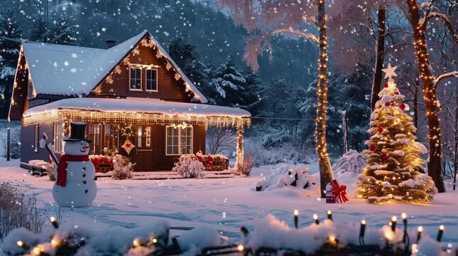 Charming snowy wooden house nestled in a winter landscape, cozy and picturesque
 Seamless looping 4k time-lapse virtual video animation background. Generated AI