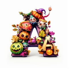 Fototapeta premium Halloween letter A with pumpkins and ghost. Autumn Halloween letter A with pumpkins.