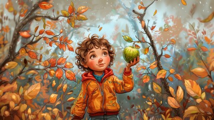 Illustration of a young child engaging in the quintessential fall activity of apple picking. Surrounded by richly colored autumn leaves and trees