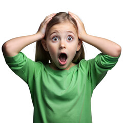 Surprised little girl with shocked expression on transparent background