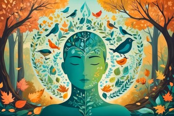 Teal orange person icon surrounded by nature symbols of rustling leaves, bird songs for mental healing. 