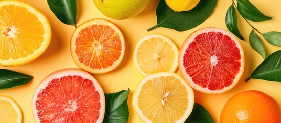 Fototapeta premium Summer tropical fruits background with grapefruit, orange, tangerine, lemon, and lime on a soft yellow backdrop - perfect for food concepts and flat lay photography opportunities.
