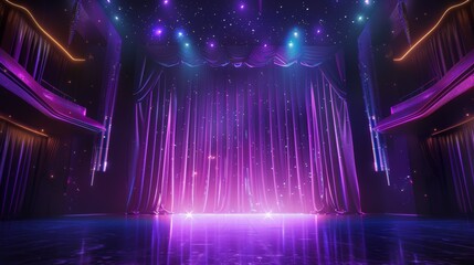 Enchanting purple stage with sparkling lights and curtains