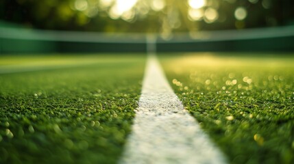 Naklejka premium Sunlit tennis court line close-up with vibrant green grass