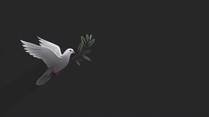White dove carrying olive branch on a dark background