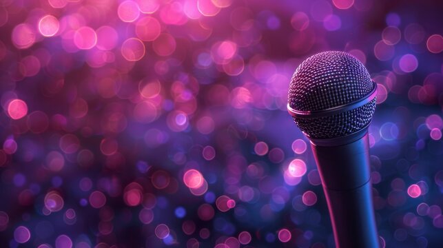 Vibrant microphone on colorful bokeh background in concert setting