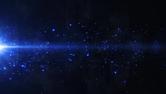 Abstract epic cinematic background. Blue glowing particles moving with the wind surrounded by blinking light. Ice particles background, blizzard, and windstorm motion. Blue magic particles. 4k.