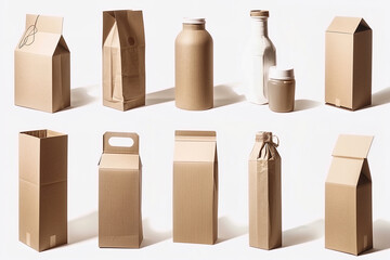 Assorted sizes of brown paper cups and containers on a white background