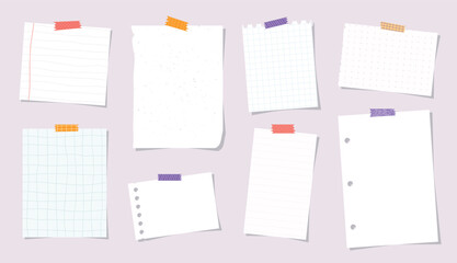 notes collection, set of empty note paper sheets with sticky tapes. Scrapbooking, print, template, planner design. EPS 10