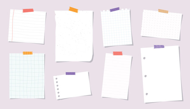 notes collection, set of empty note paper sheets with sticky tapes. Scrapbooking, print, template, planner design. EPS 10