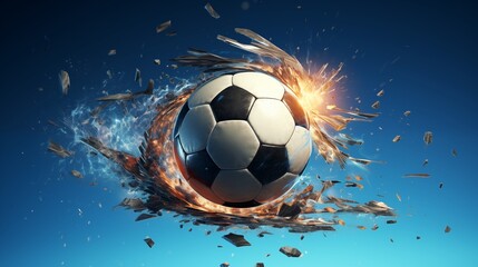 Fototapeta premium Dynamic, Explosive Artwork of a Soccer Ball Mid-Impact with Flames and Shattered Pieces Against a Blue Background