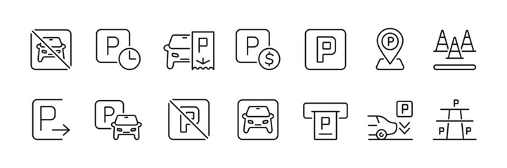 Parking icons set. Paid parking, place, sign, marking and more. Vector