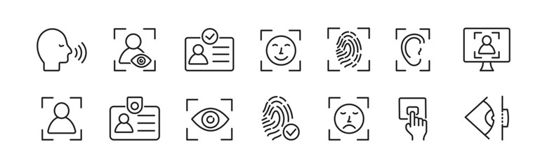 ID icon set. Set of Identity line icons. Document, verification, id card, fingerprint, face, eye scan, sound. Vector