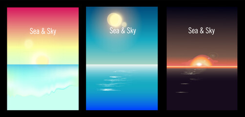 Set of gradient backgrounds with sea and sky at different time of day