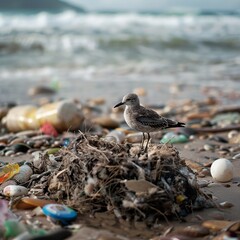 Fototapeta premium Animal amidst human pollution, highlighting environmental issues. Perfect for themes of conservation, awareness, and wildlife protection.