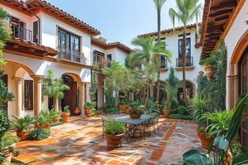 Fototapeta premium Mediterranean-inspired outdoor courtyard with tiled floors and wrought iron accents
