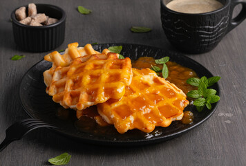 Fresh breakfast. Waffle with fruits jam