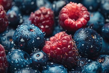 Close-up of various fresh berries with water droplets, including strawberries, blueberries, raspberries, and blackberries.
