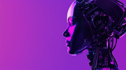 Futuristic Female Robot in Neon Light.  Artificial Intelligence, cybernetics, robotics, innovation and future concepts.