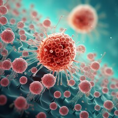 Closeup of virus and cells. Cancer cellls