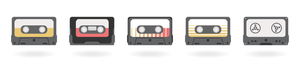 Cassette tape icons set. Stylish vintage cassette tape vector. Colored old audio cassettes vector. Cassette tape simple icon. Music tape vector. Vintage music VHS logo.