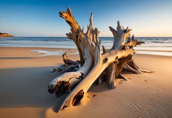 Fototapeta premium serene deserted beach artistic driftwood sculptures under clear blue sky, ocean, sand, peaceful, natural, beautiful, tranquil, seashore, coast, shore, wooden