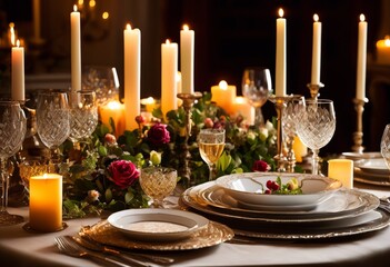 romantic candlelit dinner setting elegant dishes table, evening, dining, ambiance, luxury, gourmet, fancy, exquisite, fine, stylish, sophisticated, beautiful,