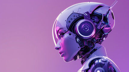 Futuristic Female Robot in Neon Light.  Artificial Intelligence, cybernetics, robotics, innovation and future concepts.