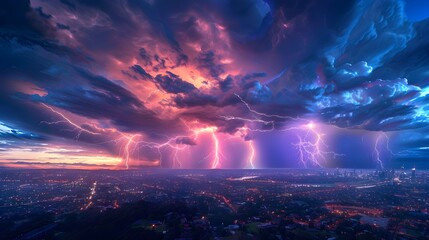 Fototapeta premium The spectacular display of multiple lightning strikes in the sky over a suburban city, with multiple lightning bolts illuminating the landscape in a blend of multicolored tones