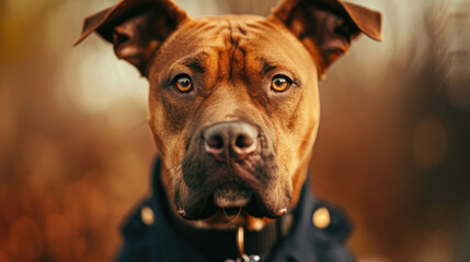 Obraz premium A dog in a police uniform with a badge on his collar.