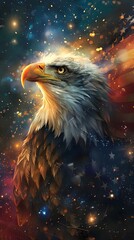 Flying eagle with American flag and fireworks on background, 4 July Independence Day celebration