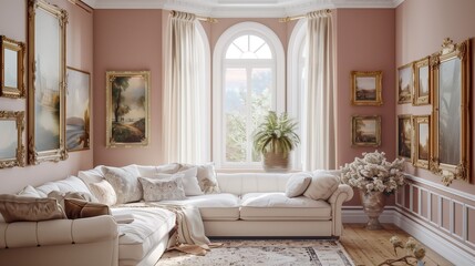 A sophisticated living room with dusty rose walls, a white sofa, a large bay window with sheer curtains, and an array of ornate golden frames holding exquisite paintings on the sofa side wall