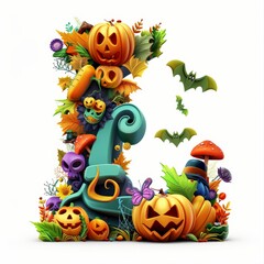 Fototapeta premium Halloween letter L with pumpkins and ghost. Autumn Halloween letter L with pumpkins.
