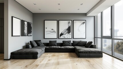 A spacious contemporary living room with light gray walls, a comfortable black sectional sofa, a large floor-to-ceiling window, and a collection of black frames