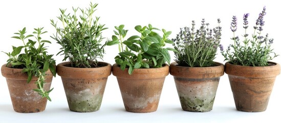 Obraz premium Arrangement of Rosemary, Oregano, Sage, Lavender, and Thyme in a pot. Innovative presentation of aromatic herbs in planters set against a white backdrop. Botanical assortment. Decorative feature.