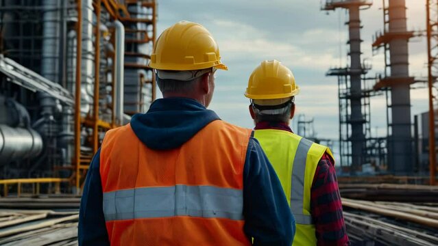 A group of construction workers wearing safety vests and hard hats. The environment features large multi-story buildings