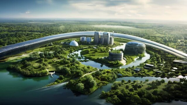 a modern city skyline adorned with green energy solutions, including solar panels and wind turbines, set amidst lush greenery