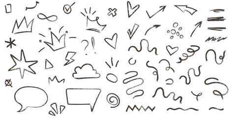 Hand drawn chalk and marker graffiti squiggles. Doodle hearts, underline, speech bubbles. crowns, arrows, and scribbles. Charcoal grunge texture vector elements