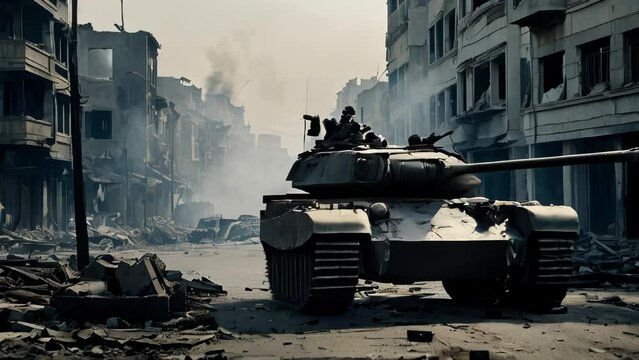 A tank driving through a destroyed city street, with smoke and destruction in the background