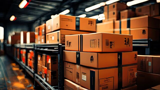 A well-organized warehouse interior with stocked shelves and a clear central aisle