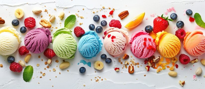 Assortment of colorful ice cream scoops topped with berries, nuts, and fruits on a white background