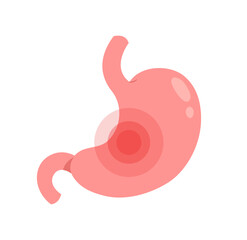 Stomach with red point of pain. Digestive internal organ. Concept of stomachache, illness, medicine, gastric disease, digestive system. Flat vector illustration.