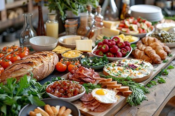 Obraz premium Brunch spread with a variet of dishes pastries. Village Breakfast with pastries, vegetables, greens, spreads, cheeses, fried eggs, jams
