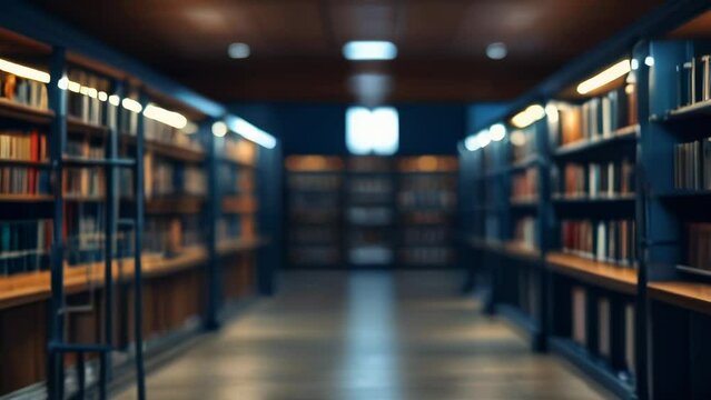 A serene library aisle flanked with wooden bookshelves. Rows of neatly arranged books fill the shelves, a quiet and studious atmosphere