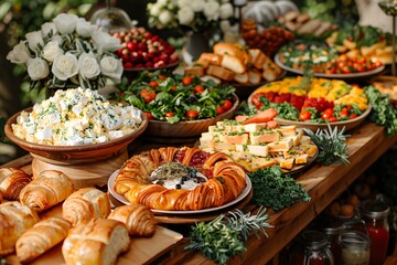 Fototapeta premium Brunch spread with a variet of dishes pastries. Village Breakfast with pastries, vegetables, greens, spreads, cheeses, fried eggs, jams